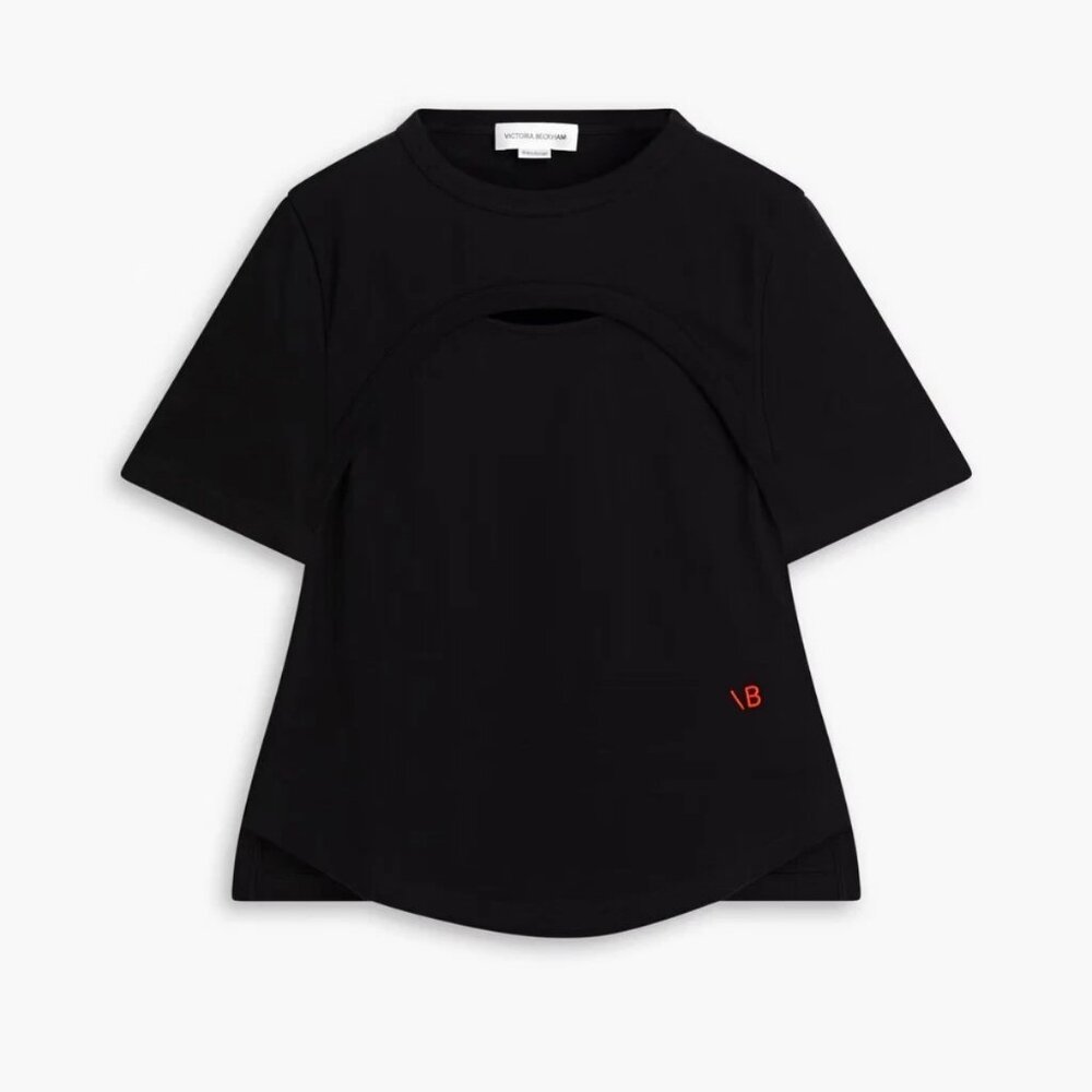 Victoria Beckham Black Logo Embroidered Cutout Cotton Jersey T-Shirt sz L